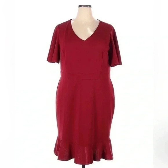 Kasper | Red Wine Fit & Flare Silhouette Ruffle Hem Cocktail Midi Dress Size XXL - Picture 2 of 5